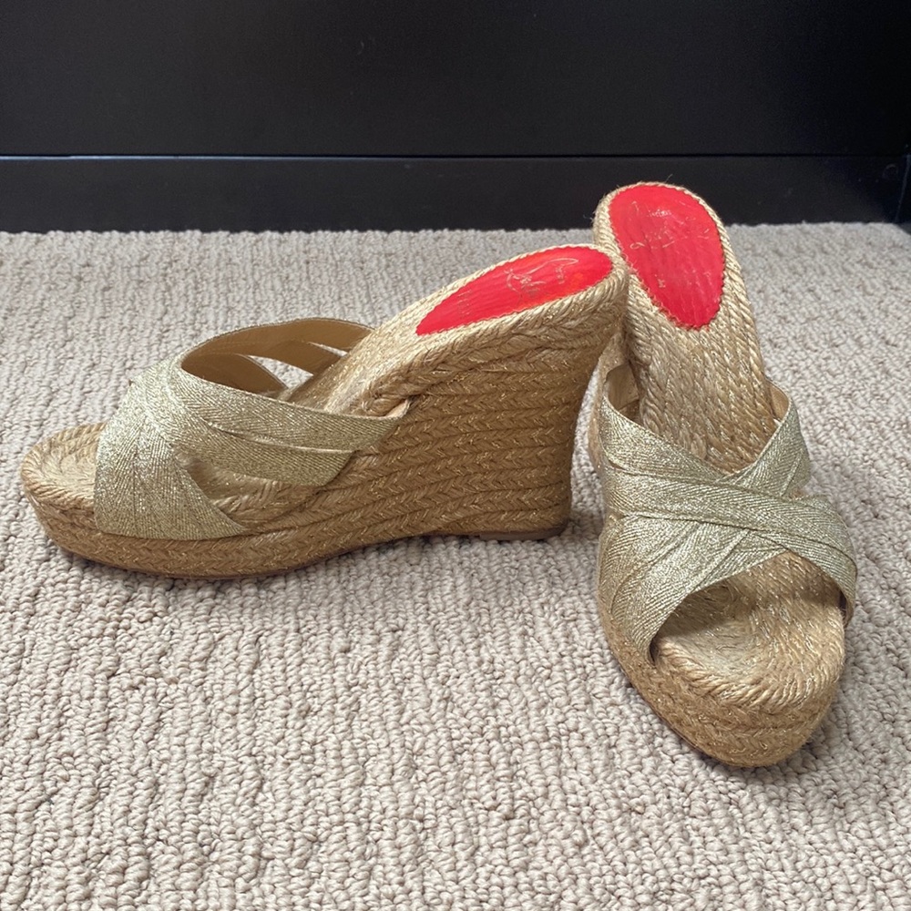 Christian Louboutin gold wedge slides
